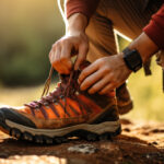 Detailný pohľad na kvalitné kovové háčiky a pevné šnurovanie na vysokej turistickej obuvi.